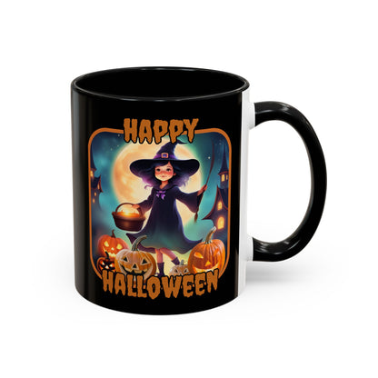 Happy Halloween Little Witch Orange font Black Accent Mug by CreepyCrafts.boo