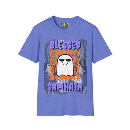 Spooky Blessed Samhain Ghost Purple font Unisex T-Shirt by CreepyCrafts.boo