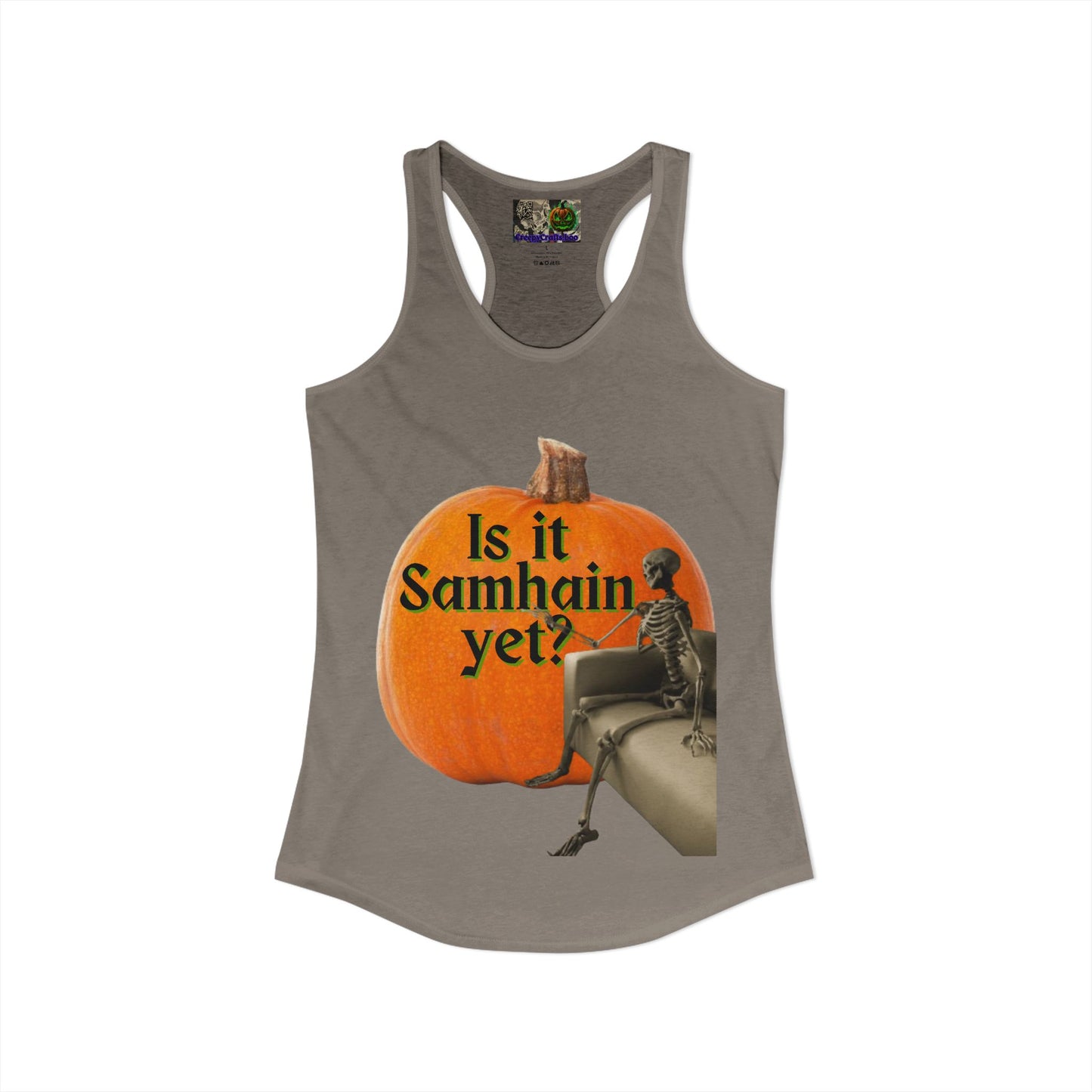 Is It Samhain Yet? Skeleton's Giant Pumpkin Women’s Racerback Tank Top by CreepyCrafts.boo