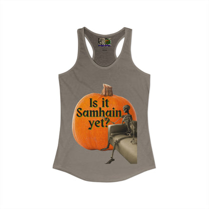 Is It Samhain Yet? Skeleton's Giant Pumpkin Women’s Racerback Tank Top by CreepyCrafts.boo