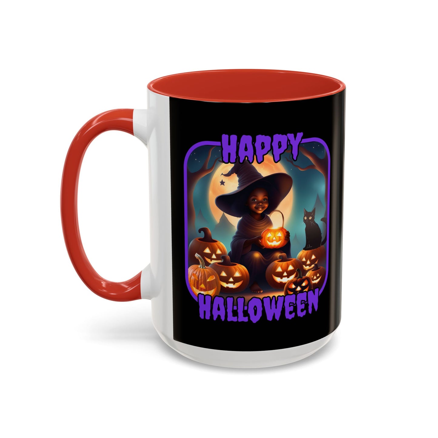 Happy Halloween Cute Witch Purple font Black Accent Mug by CreepyCrafts.boo