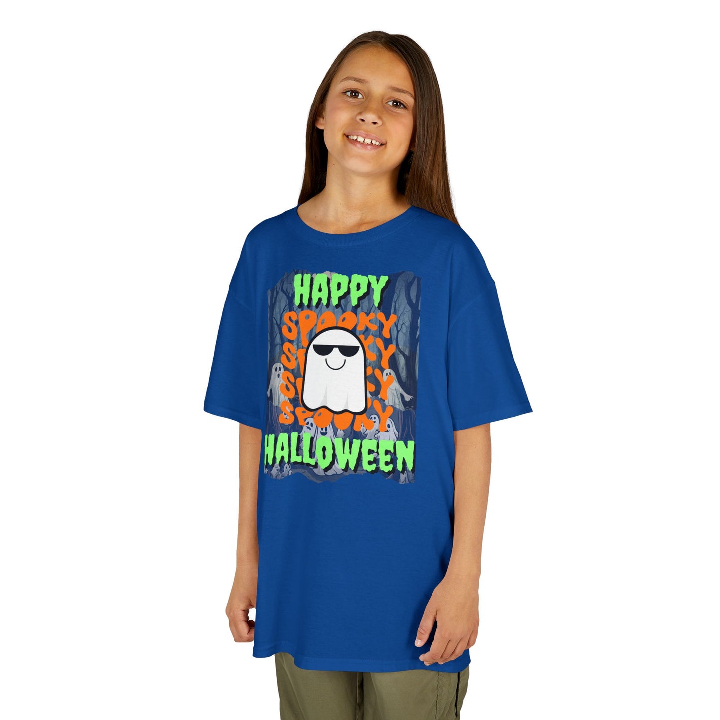 Spooky Happy Halloween Ghost Green font Kids Heavy Cotton™ Tee by CreepyCrafts.boo