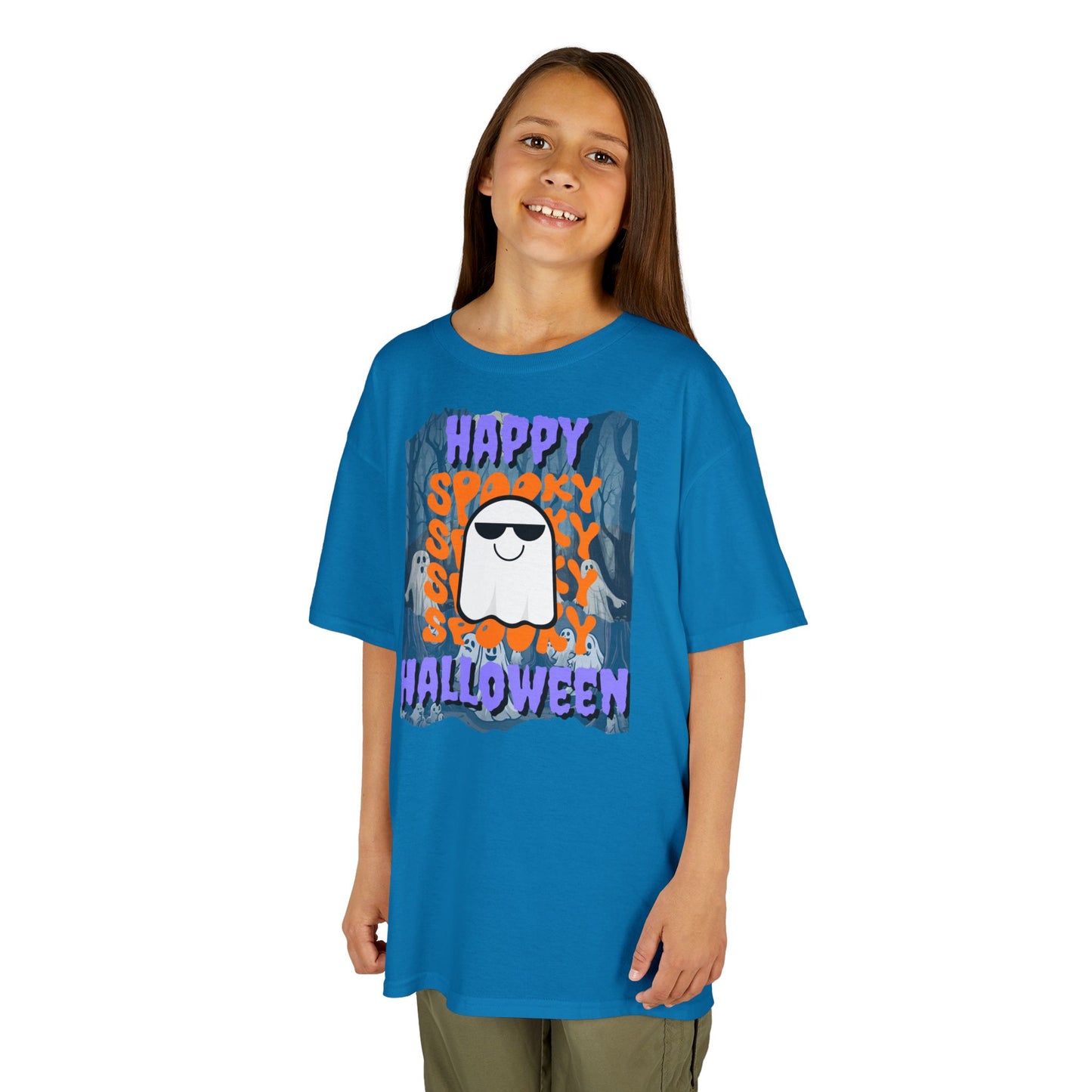 Spooky Happy Halloween Ghost Purple font Kids Heavy Cotton™ Tee by CreepyCrafts.boo