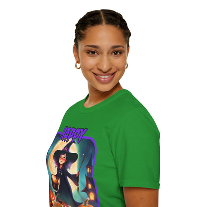 Happy Halloween Little Witch Purple font, Dark colors, Unisex T-Shirt by CreepyCrafts.boo