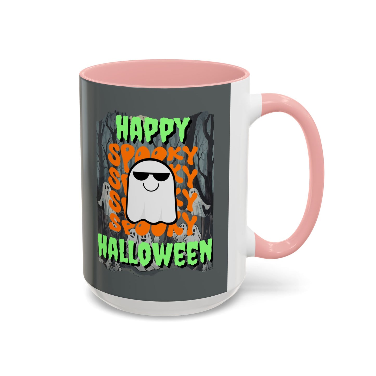 Spooky Happy Halloween Ghost Green font Grey Accent Mug by CreepyCrafts.boo