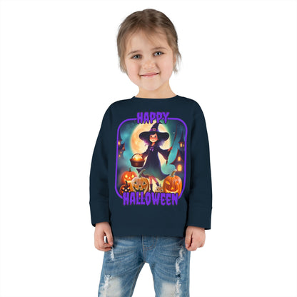 Happy Halloween Little Witch Purple font Toddler Long Sleeve Tee by CreepyCrafts.boo