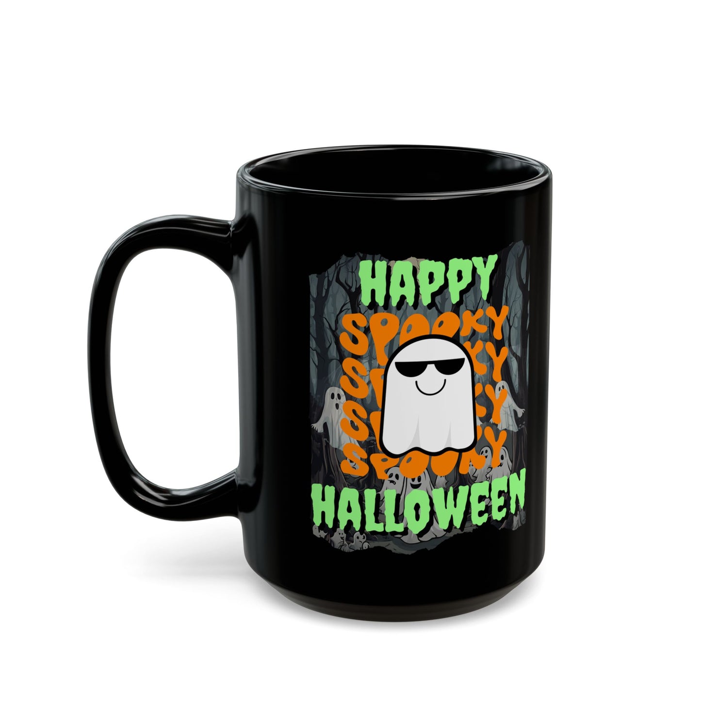 Spooky Happy Halloween Ghost Green font Black Mug by CreepyCrafts.boo