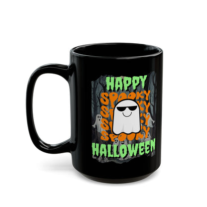 Spooky Happy Halloween Ghost Green font Black Mug by CreepyCrafts.boo