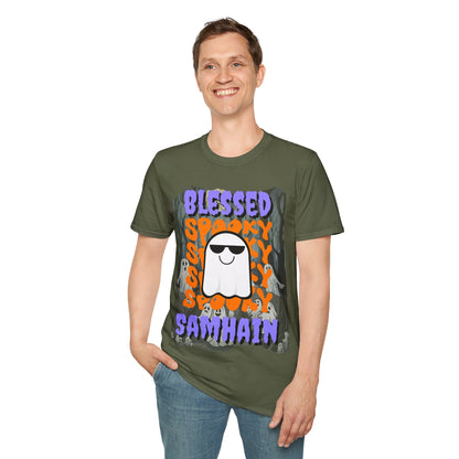 Spooky Blessed Samhain Ghost PRfont Unisex T-Shirt by cypherpunkgear