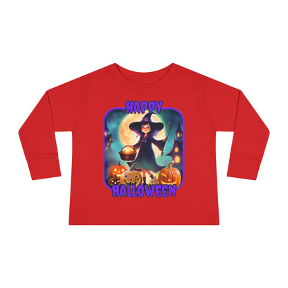 Happy Halloween Little Witch Purple font Toddler Long Sleeve Tee by CreepyCrafts.boo