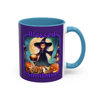 Blessed Samhain Little Witch Purple font Purple Accent Mug by CreepyCrafts.boo