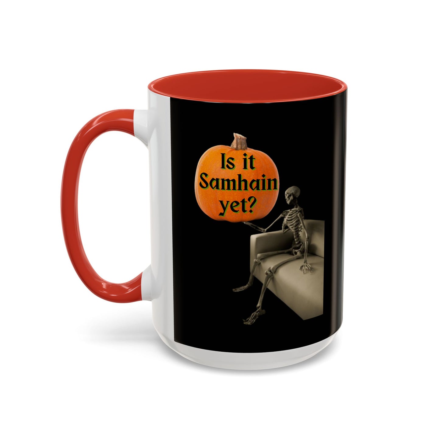 Is it Samhain yet? Skeleton's Pumpkin Black Accent Mug by CreepyCrafts.boo