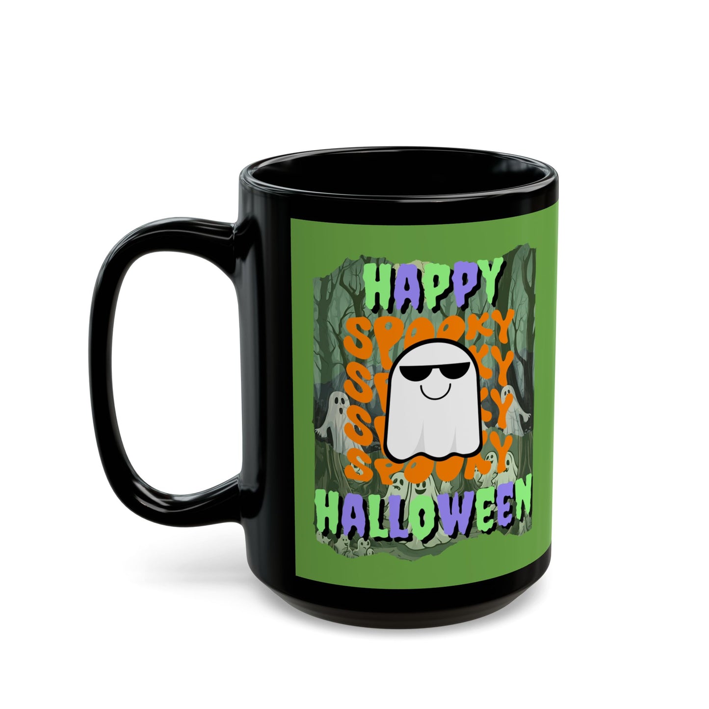 Spooky Happy Halloween Ghost Mixed font Green Mug by CreepyCrafts.boo