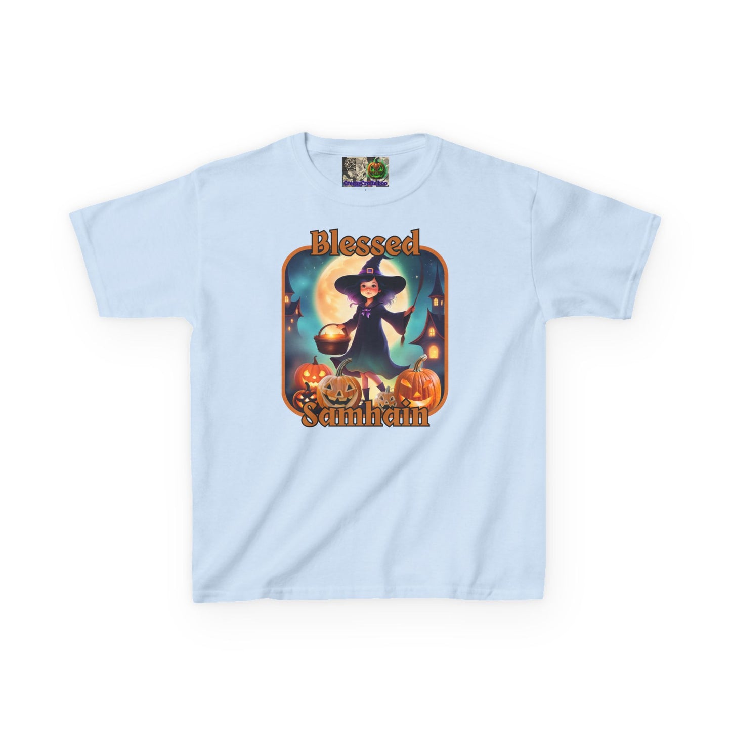 Blessed Samhain Little Witch Orange font Kids Heavy Cotton™ Tee by CreepyCrafts.boo
