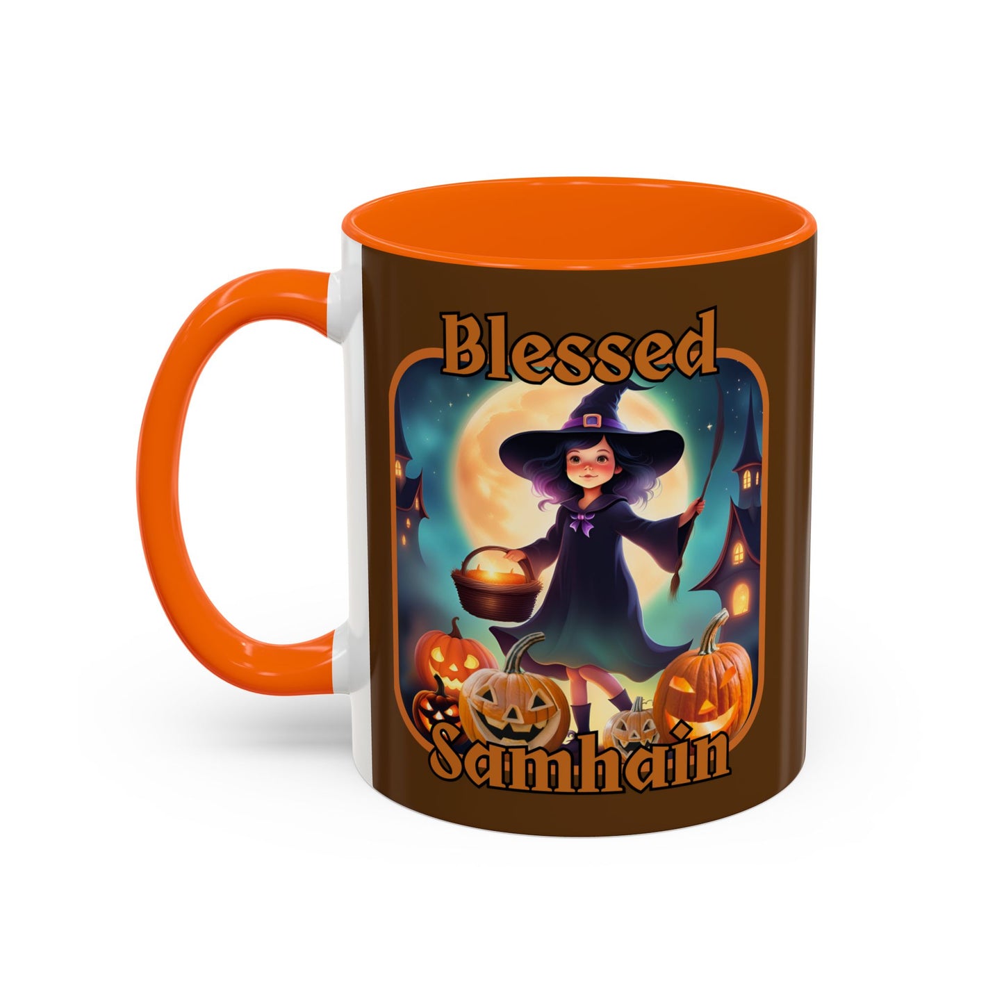 Blessed Samhain Little Witch Orange font Brown Accent Mug by CreepyCrafts.boo