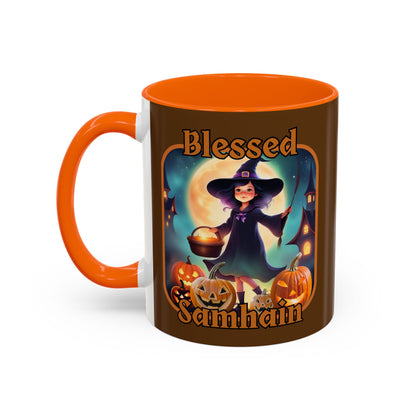 Blessed Samhain Little Witch Orange font Brown Accent Mug by CreepyCrafts.boo