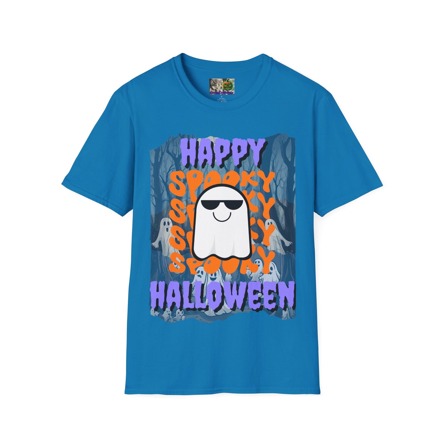 Spooky Happy Halloween Ghost Dark colors Purple font Unisex T-Shirt by CreepyCrafts.boo