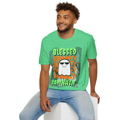 Spooky Blessed Samhain Ghost Green font Unisex T-Shirt by CreepyCrafts.boo