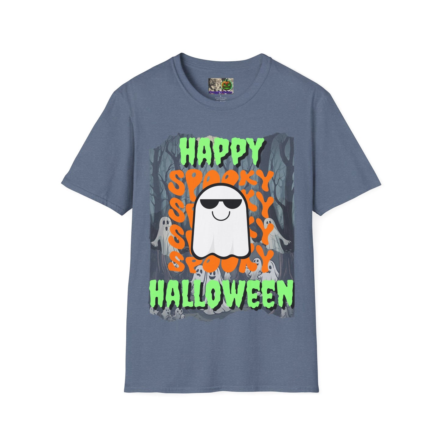 Spooky Happy Halloween Ghost Dark colors Green font Unisex T-Shirt by CreepyCrafts.boo