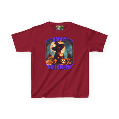 Happy Halloween Cute Witch Purple font Kids Heavy Cotton™ Tee by CreepyCrafts.boo