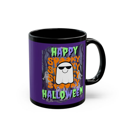 Spooky Happy Halloween Ghost Mixed font Purple Mug by CreepyCrafts.boo