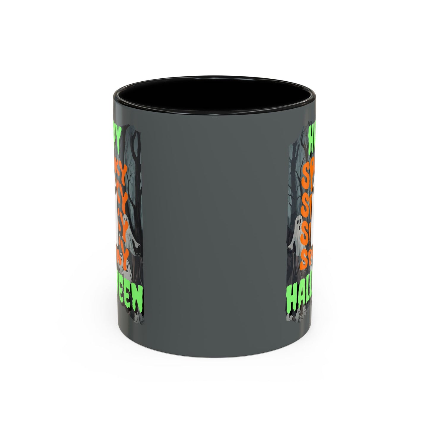 Spooky Happy Halloween Ghost Green font Grey Accent Mug by CreepyCrafts.boo