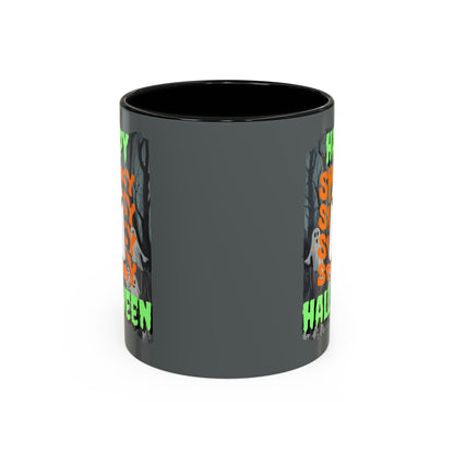 Spooky Happy Halloween Ghost Green font Grey Accent Mug by CreepyCrafts.boo