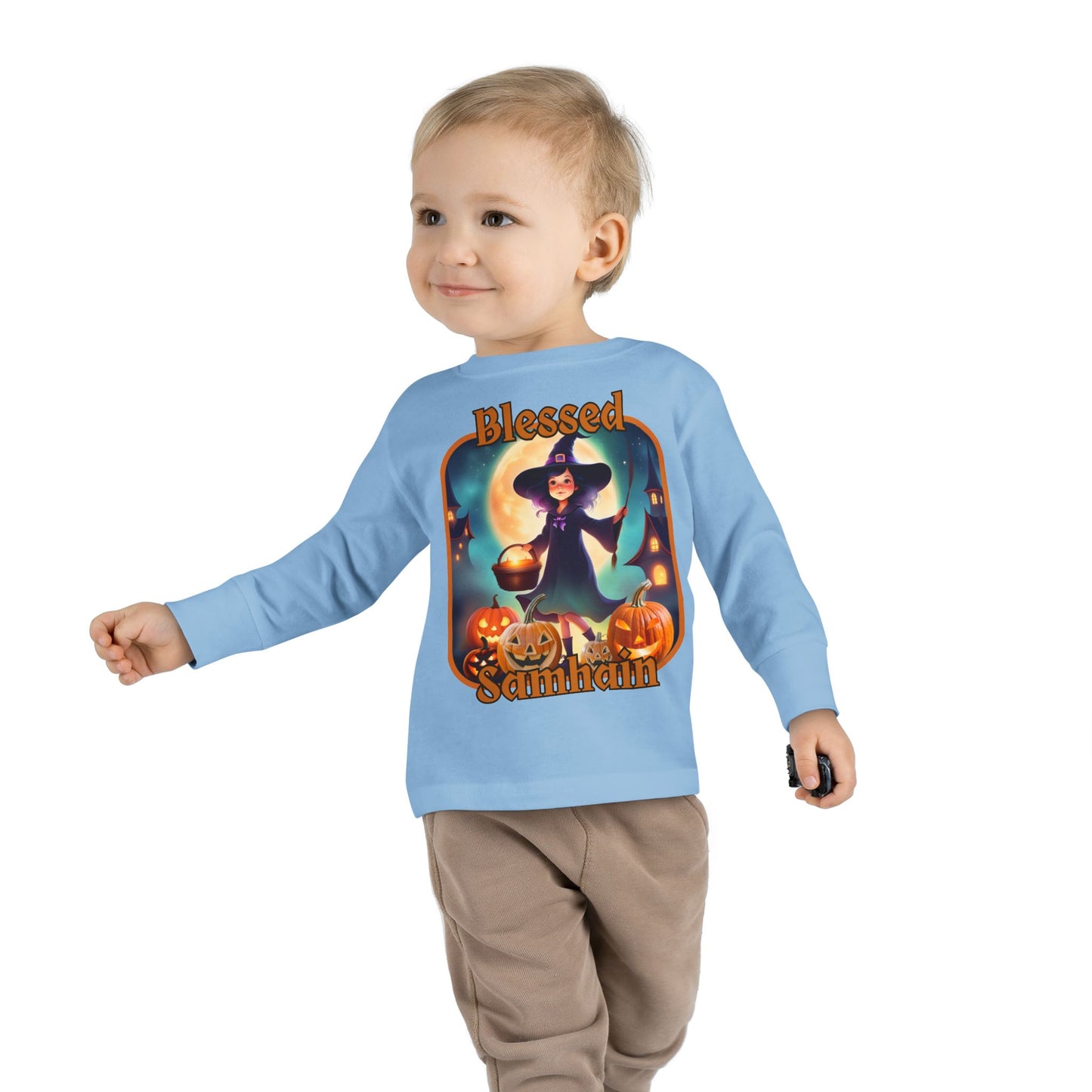 Blessed Samhain Little Witch Orange font Toddler Long Sleeve Tee by CreepyCrafts.boo
