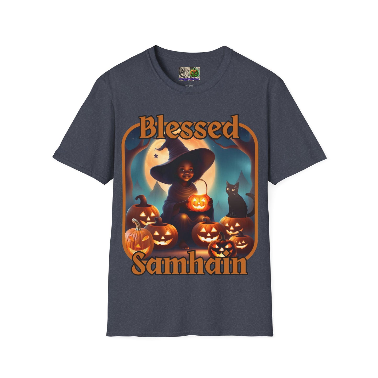 Blessed Samhain Cute Witch Orange font Dark colors Unisex T-Shirt by CreepyCrafts.boo