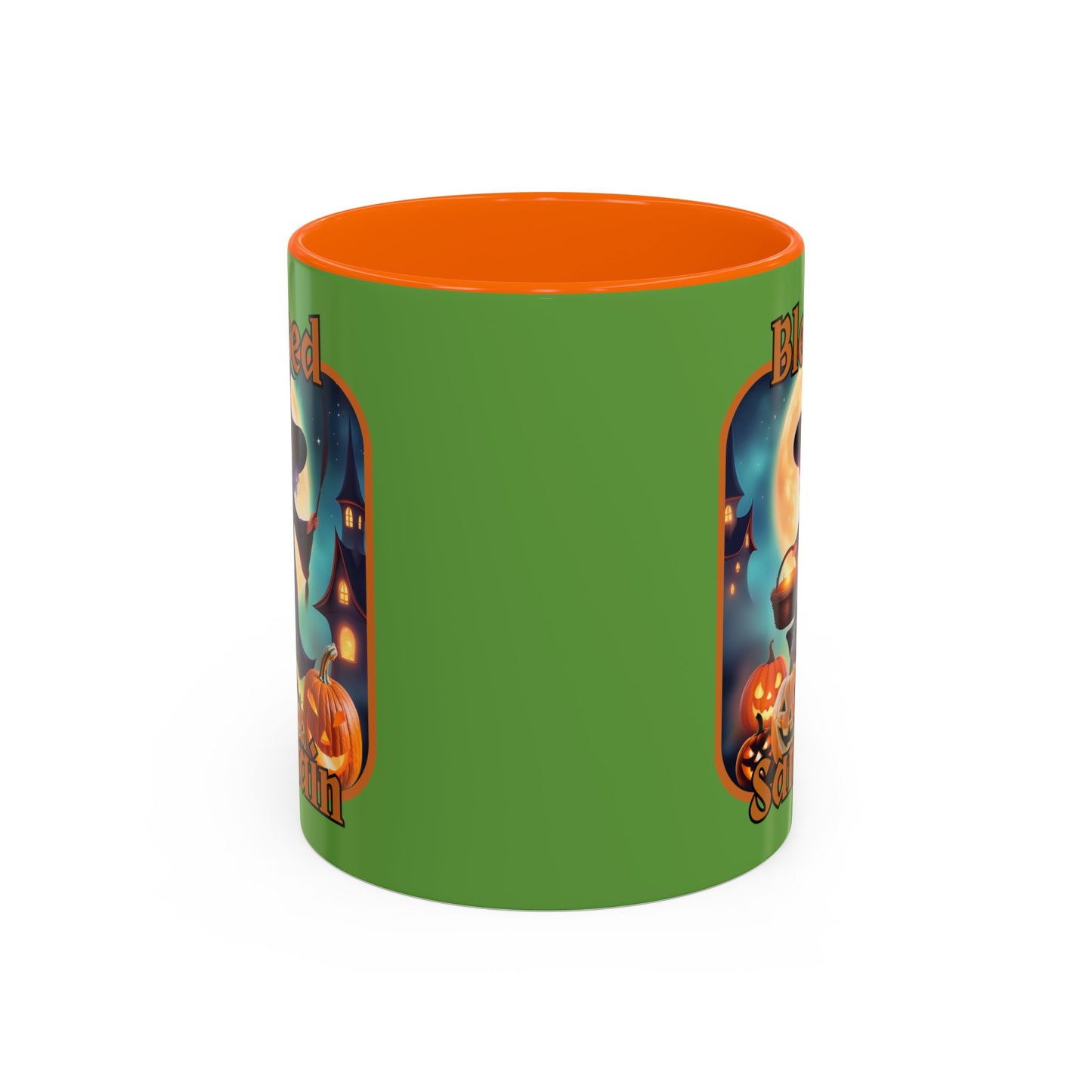 Blessed Samhain Little Witch Orange font Green Accent Mug by CreepyCrafts.boo