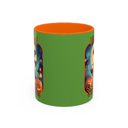Blessed Samhain Little Witch Orange font Green Accent Mug by CreepyCrafts.boo