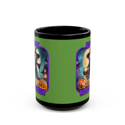 Happy Halloween Little Witch Purple font Green Mug by CreepyCrafts.boo
