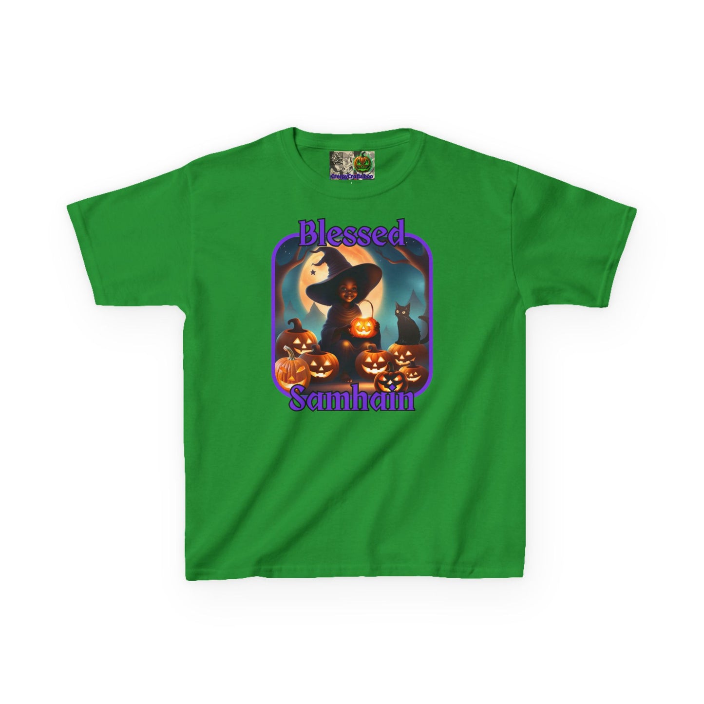 Blessed Samhain Cute Witch Purple font Kids Heavy Cotton™ Tee by CreepyCrafts.boo