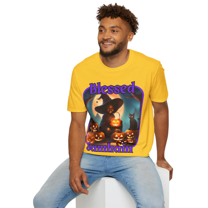 Blessed Samhain Cute Witch Purple font Light colors Unisex T-Shirt by CreepyCrafts.boo