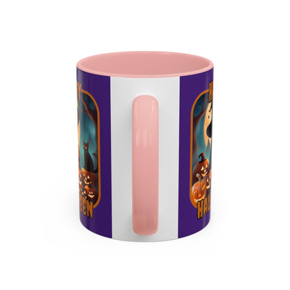 Happy Halloween Cute Witch Orange font Purple Accent Mug by CreepyCrafts.boo