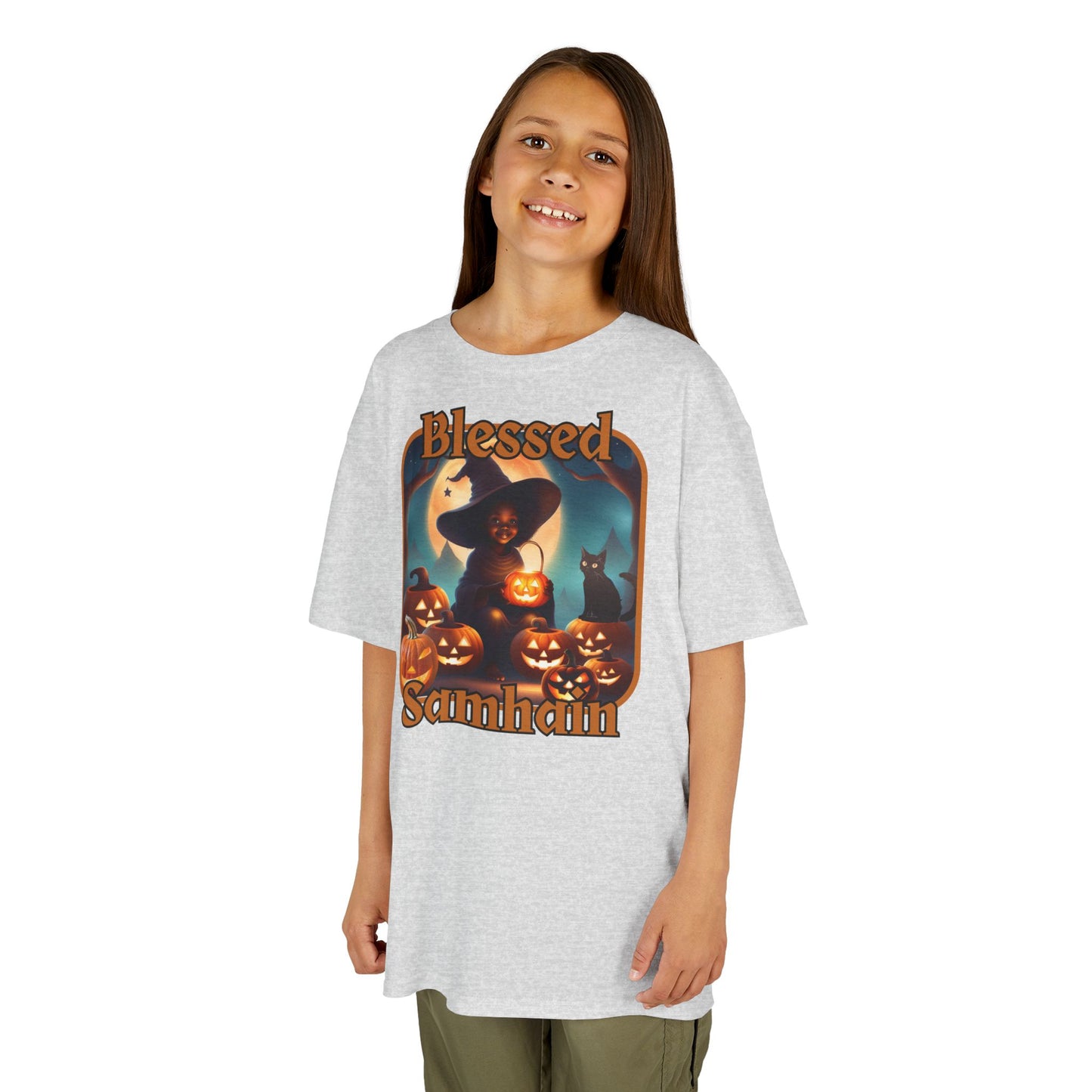 Blessed Samhain Cute Witch Orange font Kids Heavy Cotton™ Tee by CreepyCrafts.boo
