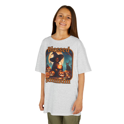 Blessed Samhain Cute Witch Orange font Kids Heavy Cotton™ Tee by CreepyCrafts.boo