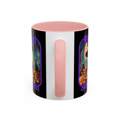 Blessed Samhain Cute Witch Purple font Black Accent Mug by CreepyCrafts.boo
