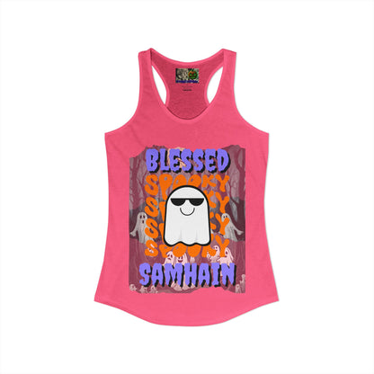 Spooky Blessed Samhain Ghost Purple font Women's Racerback Tank Top by CreepyCrafts.boo
