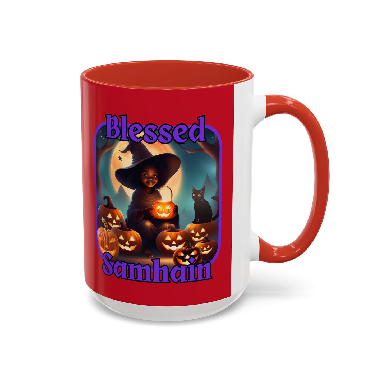 Blessed Samhain Cute Witch Purple font Red Accent Mug by CreepyCrafts.boo