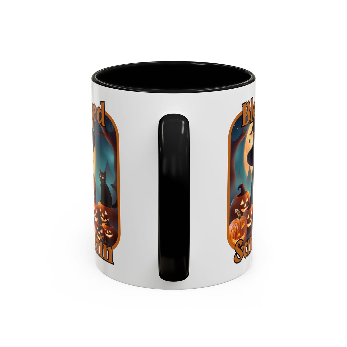 Blessed Samhain Cute Witch Orange font White Accent Mug by CreepyCrafts.boo
