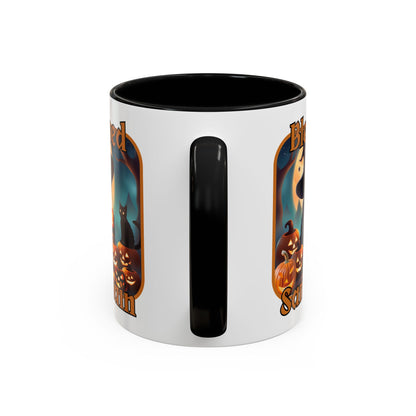 Blessed Samhain Cute Witch Orange font White Accent Mug by CreepyCrafts.boo