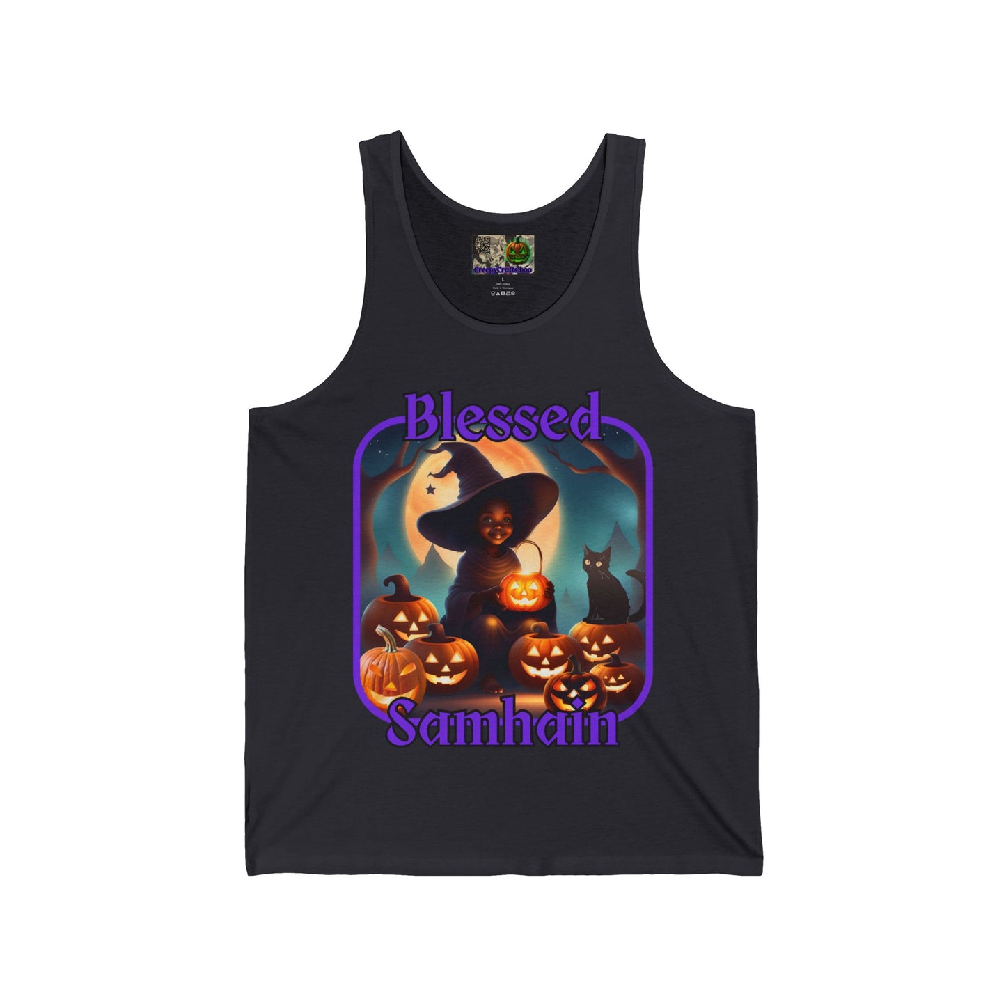 Blessed Samhain Cute Witch Purple font Unisex Jersey Tank Top by CreepyCrafts.boo