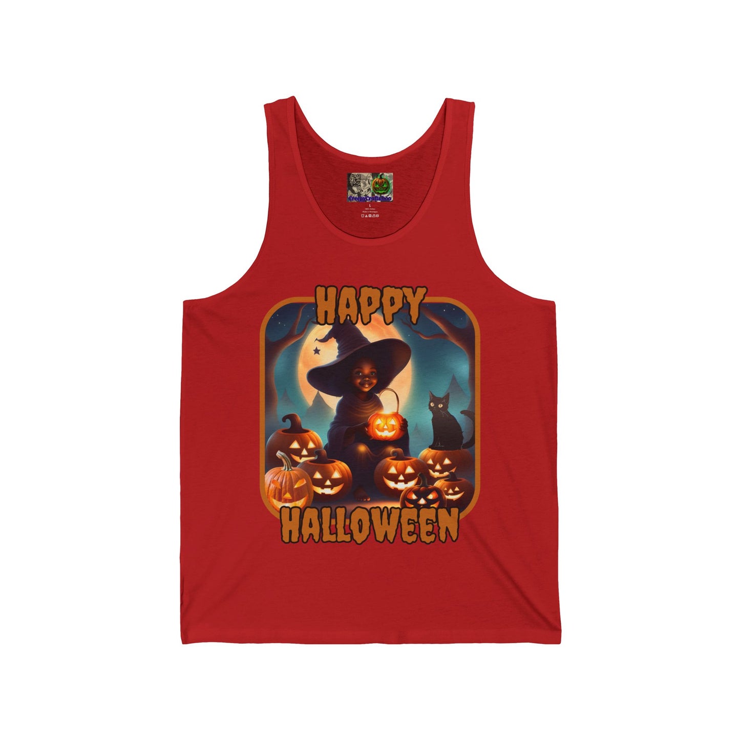 Happy Halloween Cute Witch Orange font Unisex Jersey Tank Top by CreepyCrafts.boo
