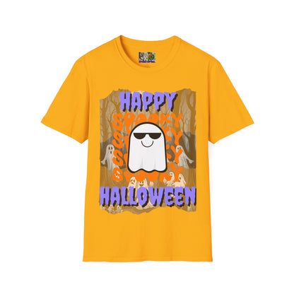 Spooky Happy Halloween Ghost Light colors Purple font Unisex T-Shirt by CreepyCrafts.boo
