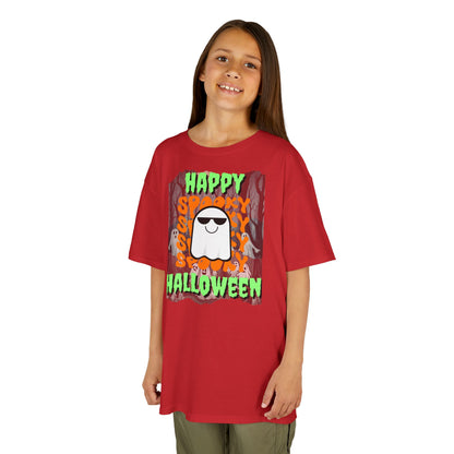 Spooky Happy Halloween Ghost Green font Kids Heavy Cotton™ Tee by CreepyCrafts.boo