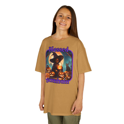 Blessed Samhain Cute Witch Purple font Kids Heavy Cotton™ Tee by CreepyCrafts.boo