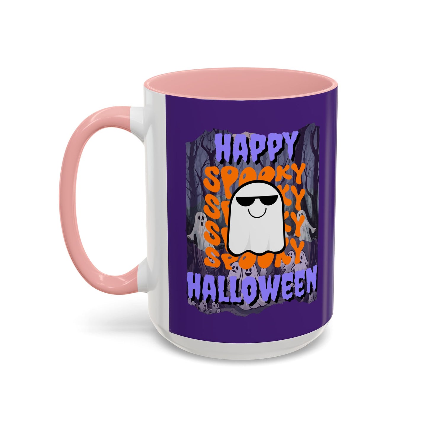 Spooky Happy Halloween Ghost Purple font Purple Accent Mug by CreepyCrafts.boo