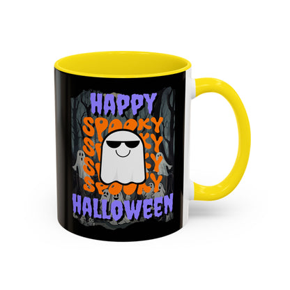 Spooky Happy Halloween Ghost Purple font Black Accent Mug by CreepyCrafts.boo