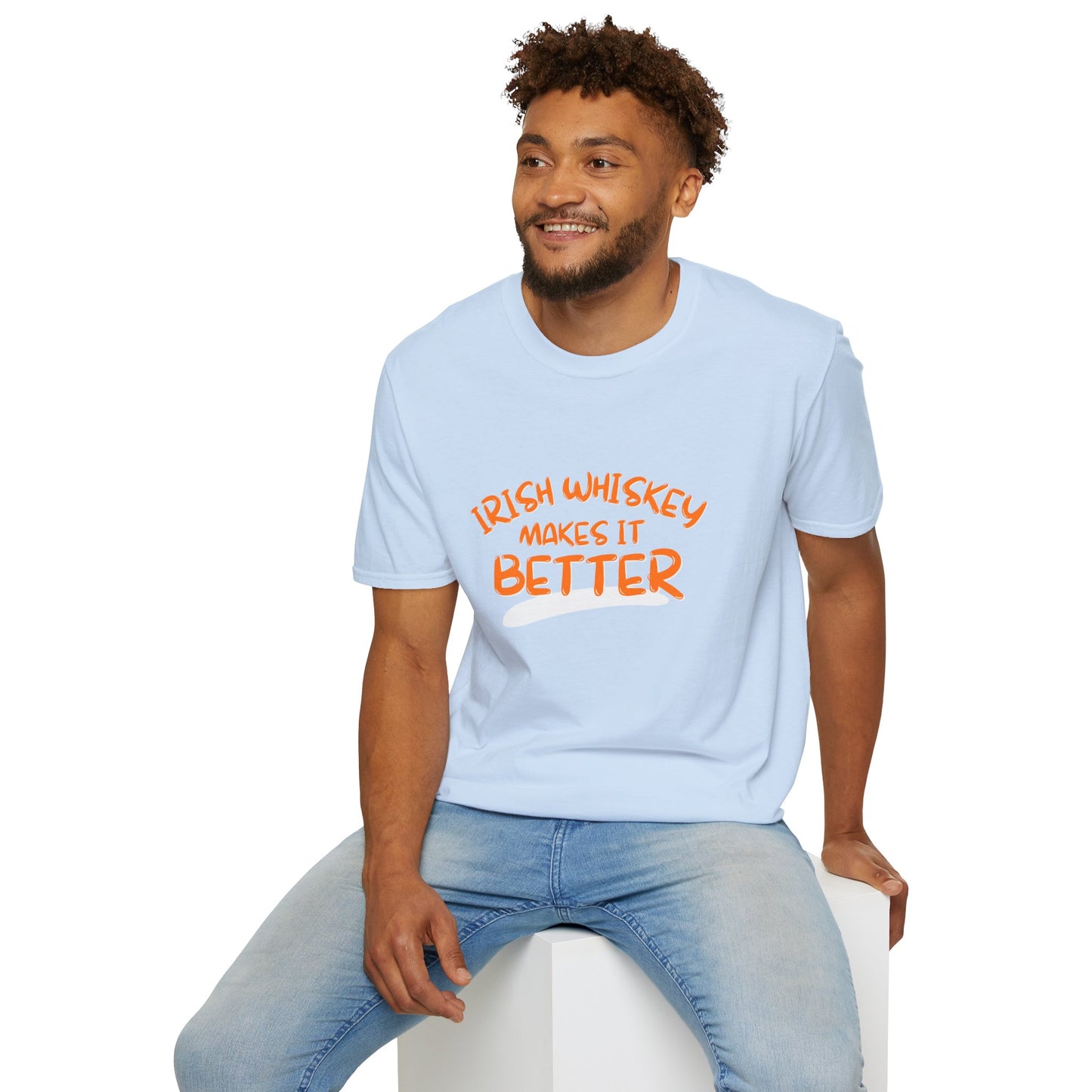 Irish Whiskey makes it better Orange font Light colors Unisex T-Shirt by cypherpunkgear.com